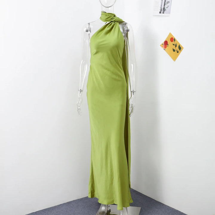 Brunella one-shoulder satin maxi dress with cape sash in lime green
