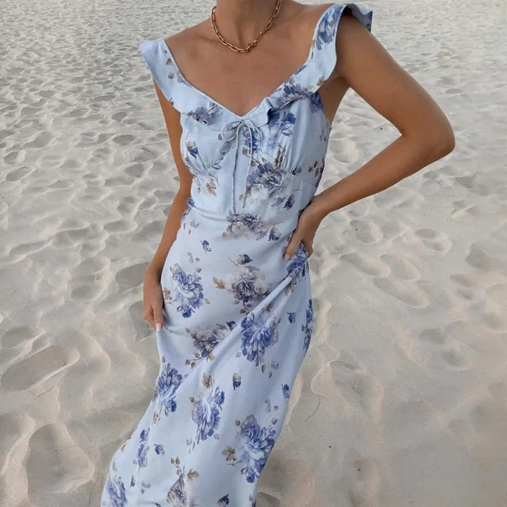 Raphaelle floral mesh midi dress with ruffle neckline in blue floral