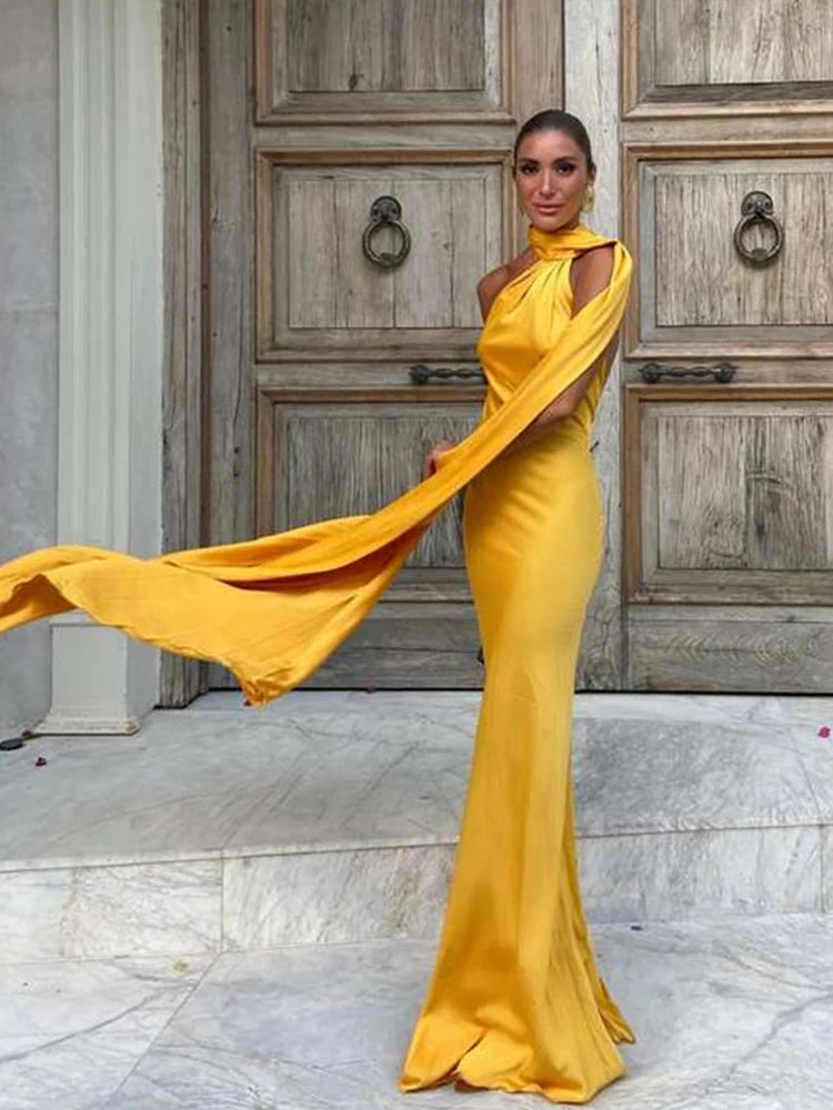 Brunella one-shoulder satin maxi dress with cape sash