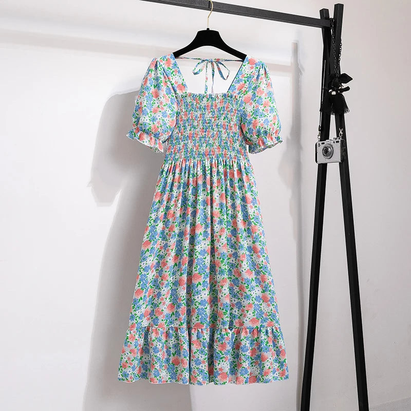 Rosaria smocked floral midi dress with puff sleeves in sky blue rose