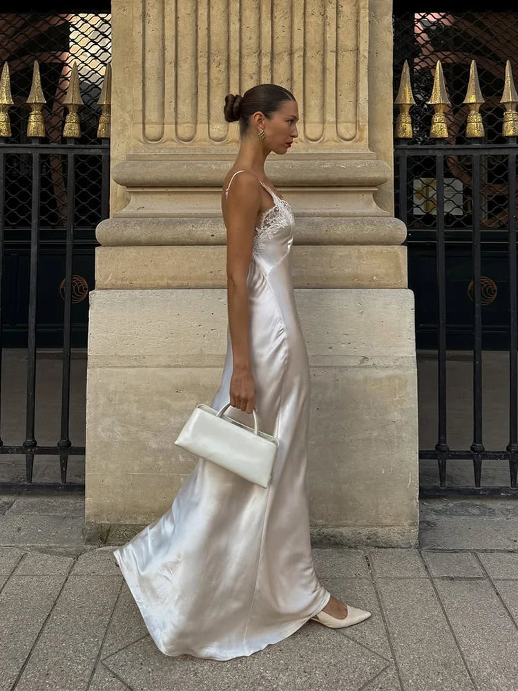 Mirabella satin slip maxi dress with lace trim