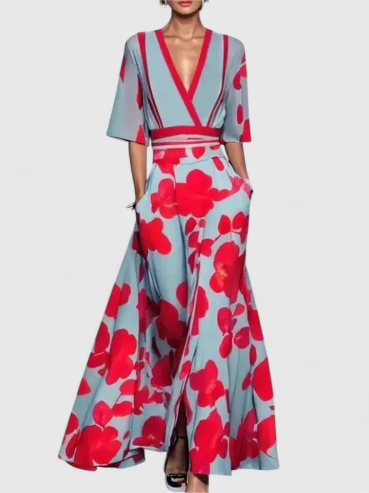 Venetia | Women's Tie-Waist Floral Maxi Dress, V-Neck, Three-Quarter Sleeves