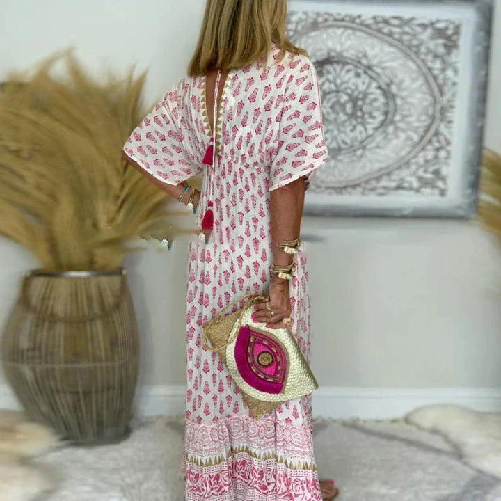 Eleonora bohemian maxi dress, round neck, short sleeves
