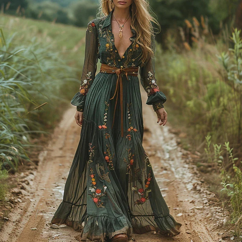 Esme | Women's Floral Maxi Dress, V-Neck, Short Sleeves