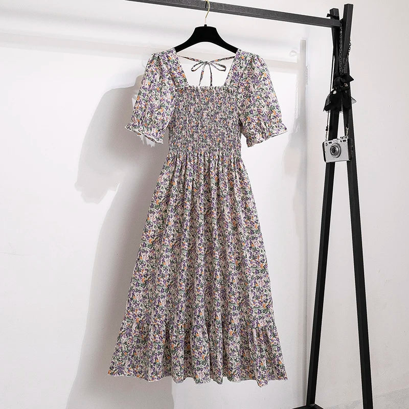 Rosaria smocked floral midi dress with puff sleeves in lilac floral