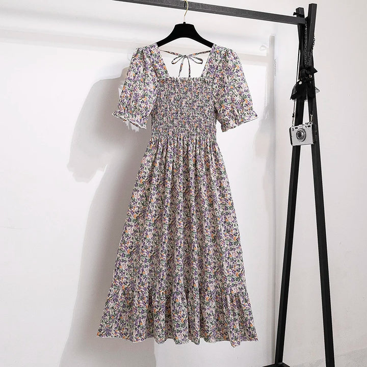 Rosaria smocked floral midi dress with puff sleeves in lilac floral