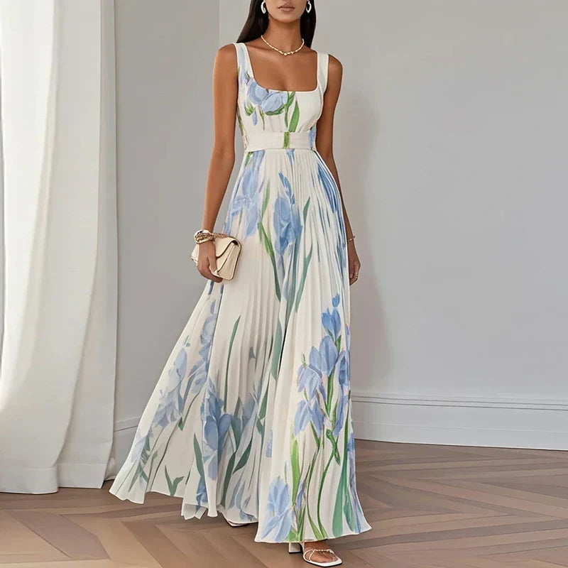 Serilda | Women's Floral Maxi Dress, Round Neck, Short Sleeves
