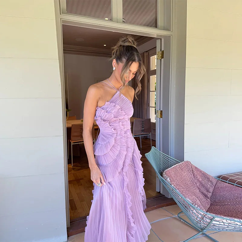 Sybil pleated ruffle halter maxi dress