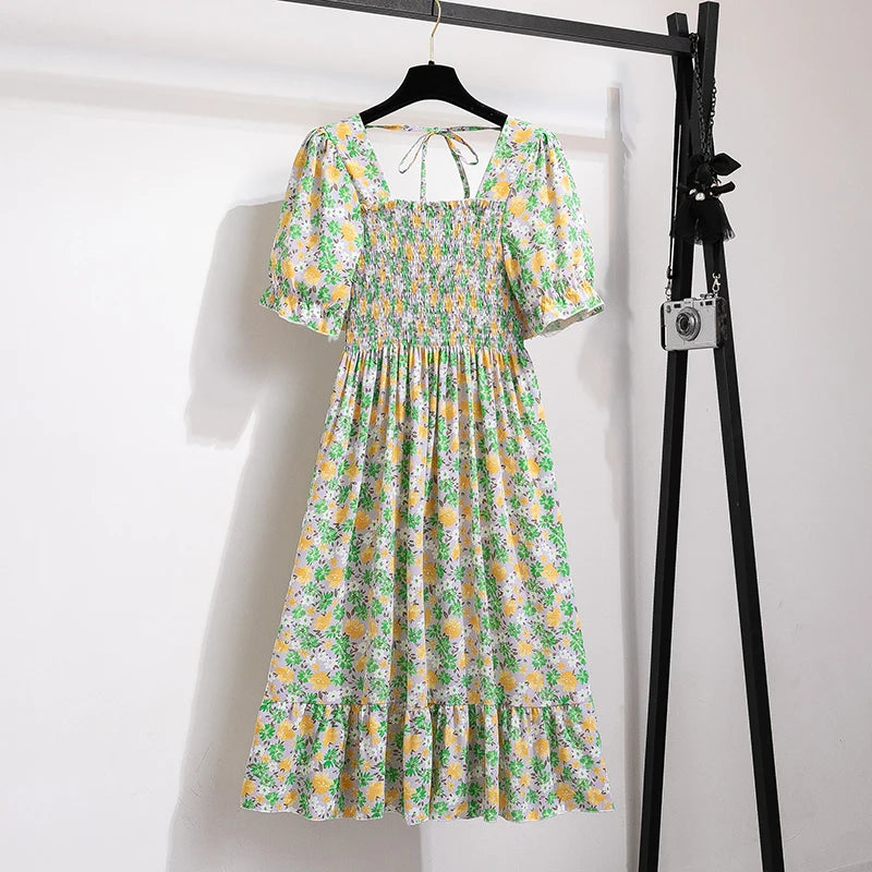 Rosaria smocked floral midi dress with puff sleeves