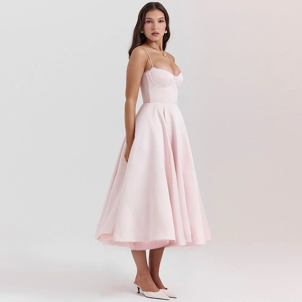 Fiammetta satin corset midi dress with full skirt