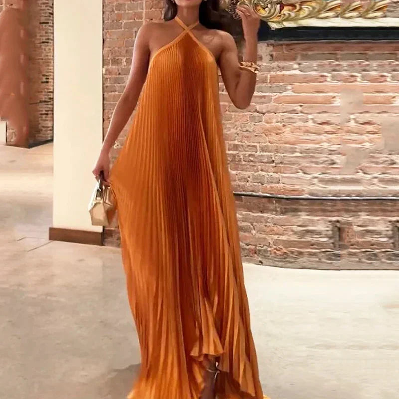 Ilse | Women's Pleated Maxi Dress, Halter Neck, Short Sleeves