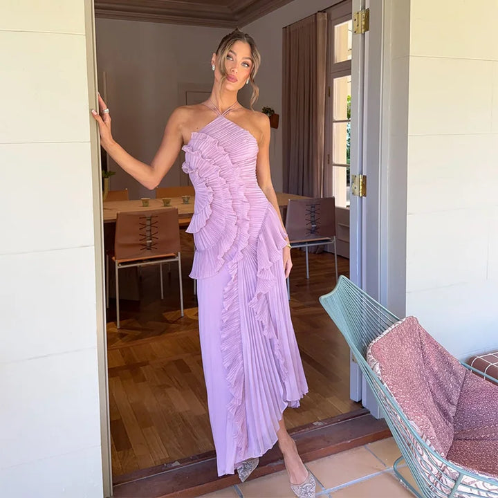 Sybil pleated ruffle halter maxi dress