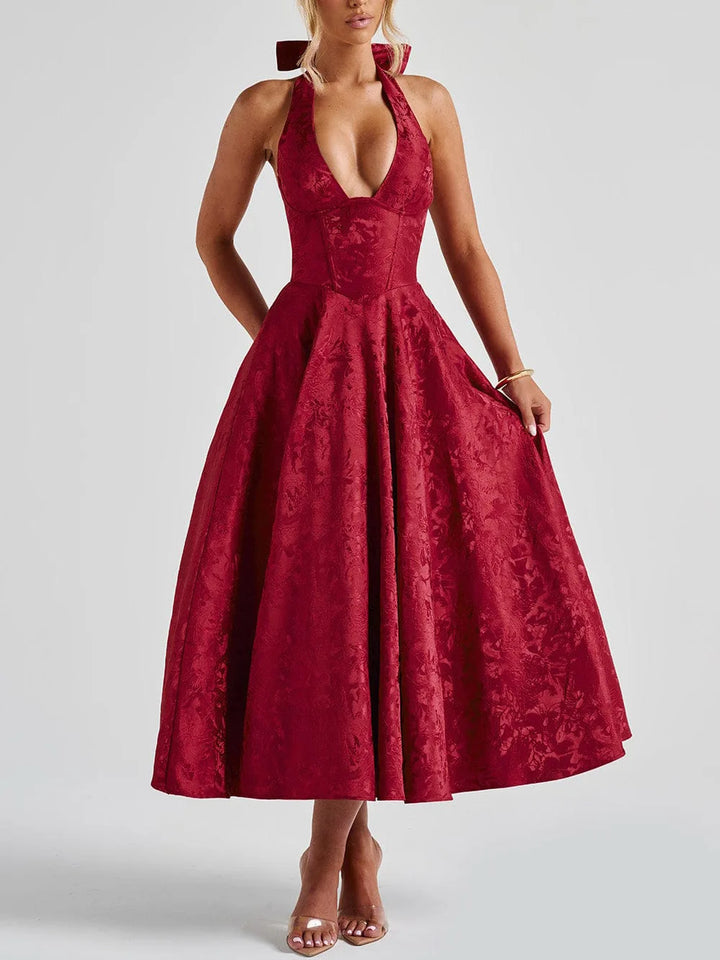 Liliana jacquard halter midi dress with bow back in red