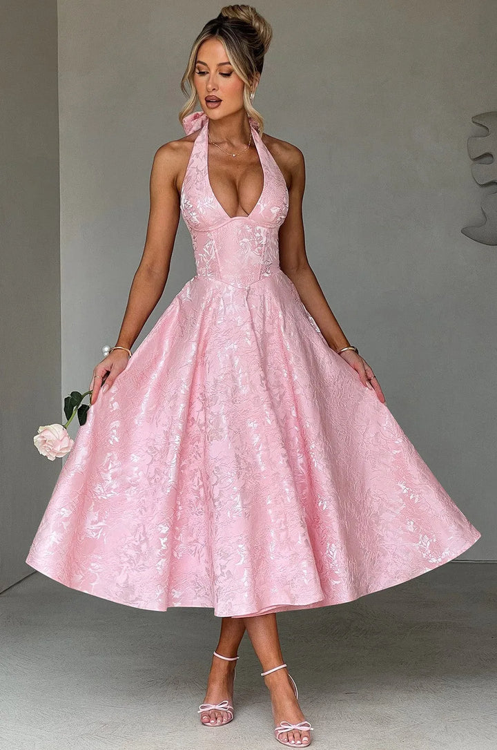 Liliana jacquard halter midi dress with bow back