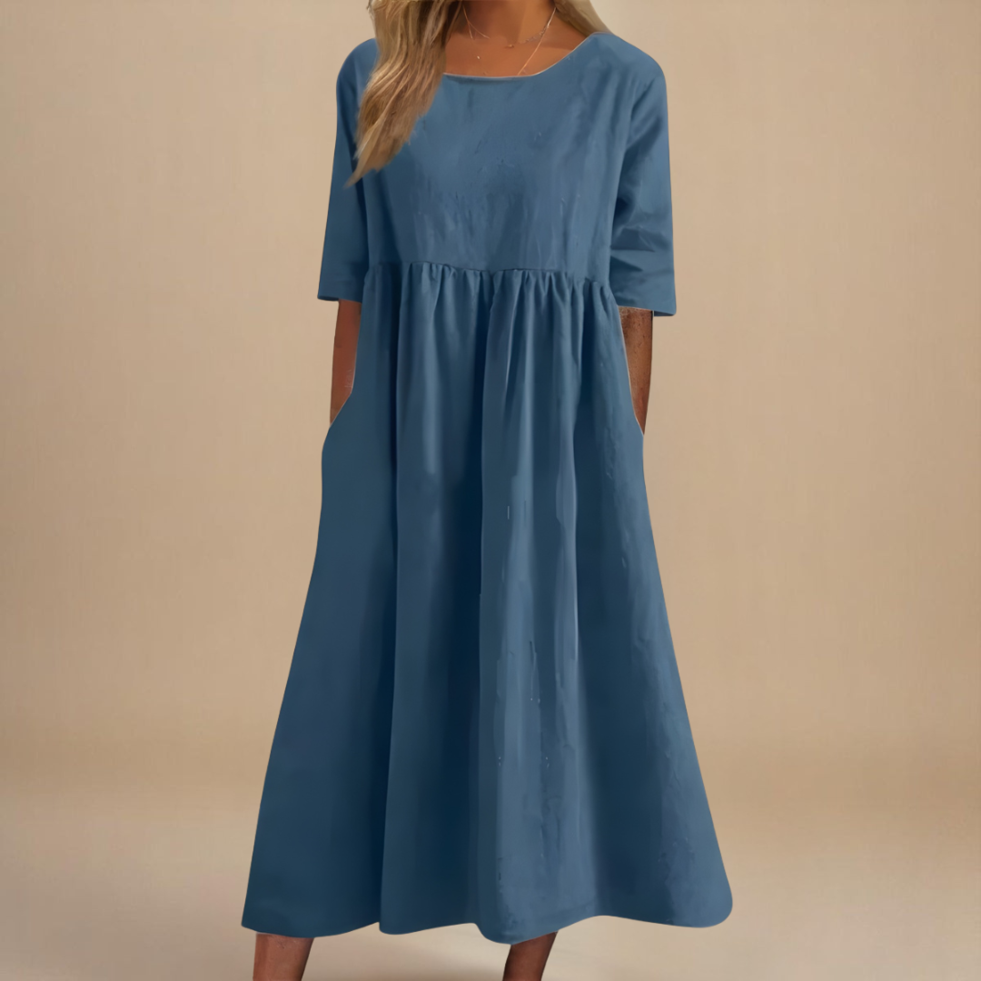Linnea | Women's Midi Dress, Round Neck, Short Sleeves