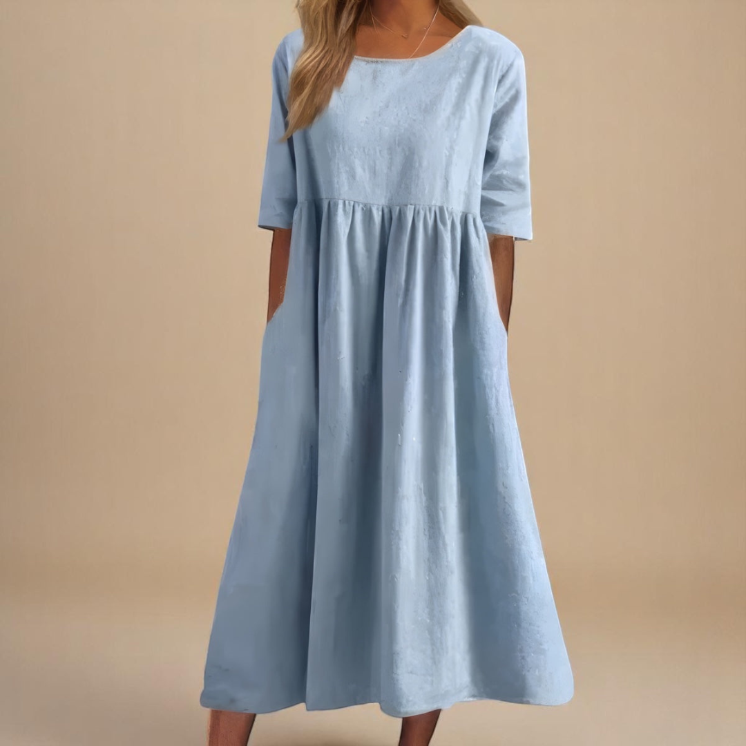 Linnea | Women's Midi Dress, Round Neck, Short Sleeves