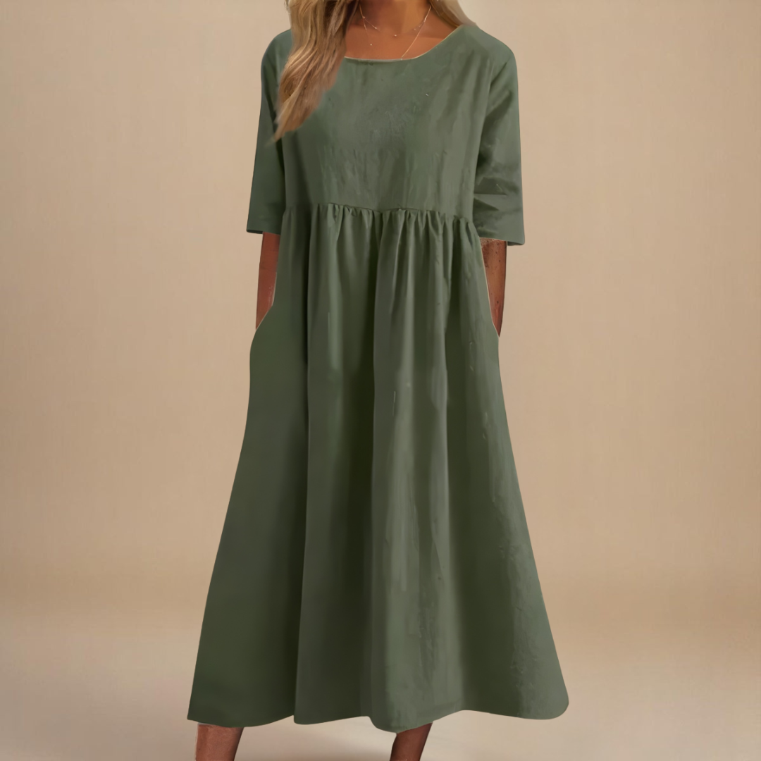 Linnea | Women's Midi Dress, Round Neck, Short Sleeves