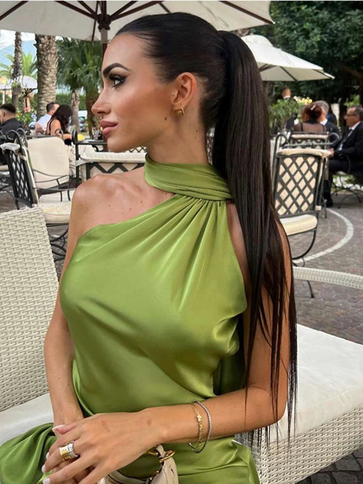 Brunella one-shoulder satin maxi dress with cape sash