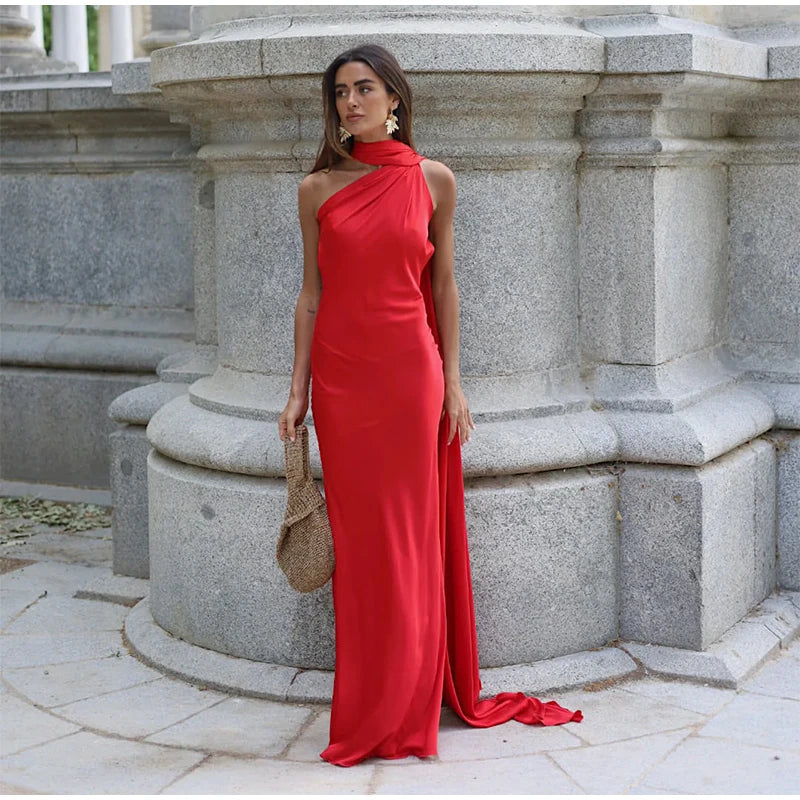 Brunella one-shoulder satin maxi dress with cape sash in red