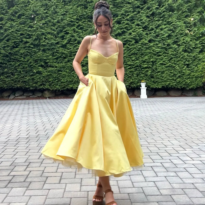 Fiammetta satin corset midi dress with full skirt in yellow