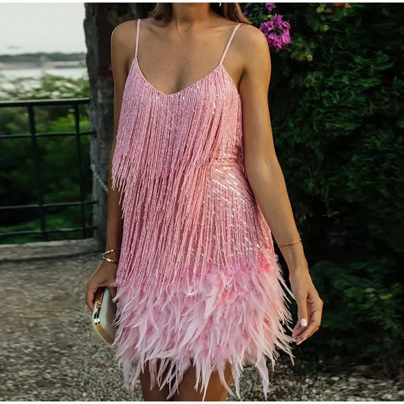 Novella feather fringe mini dress