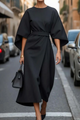 Sabrina | Women's Belted Midi Dress, Round Neck, Lantern Sleeves