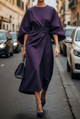 Sabrina | Women's Belted Midi Dress, Round Neck, Lantern Sleeves
