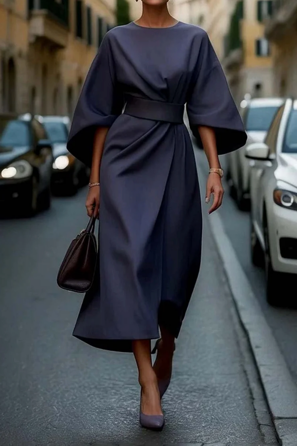 Sabrina | Women's Belted Midi Dress, Round Neck, Lantern Sleeves