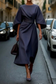 Sabrina | Women's Belted Midi Dress, Round Neck, Lantern Sleeves