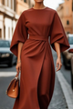 Sabrina | Women's Belted Midi Dress, Round Neck, Lantern Sleeves