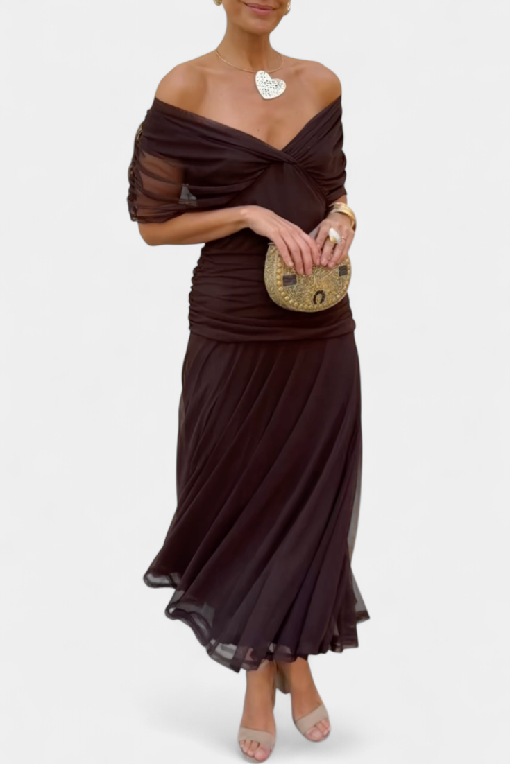 Zinnia | Women's Ruched Midi Dress, Off-Shoulder, Short Sleeves