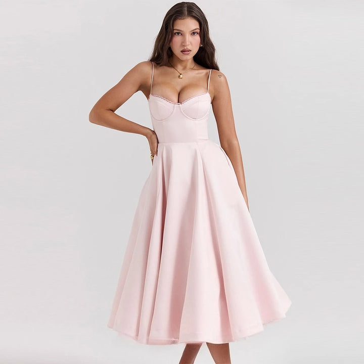 Fiammetta satin corset midi dress with full skirt