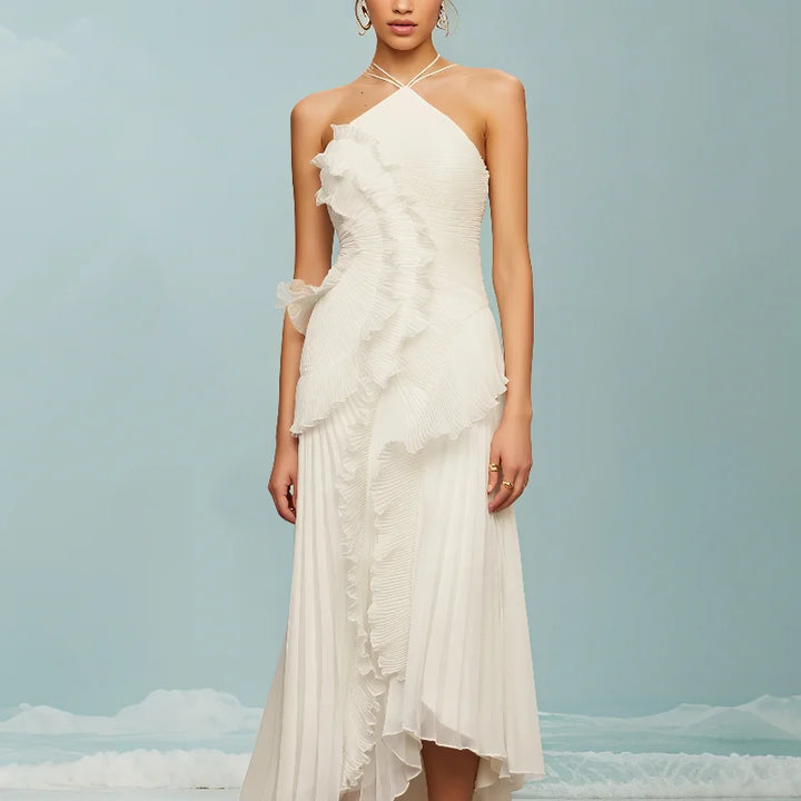Sybil pleated ruffle halter maxi dress in white