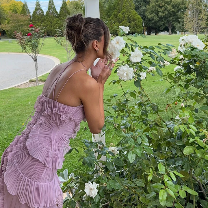 Sybil pleated ruffle halter maxi dress