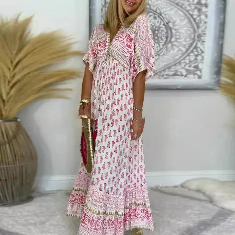 Eleonora bohemian maxi dress, round neck, short sleeves