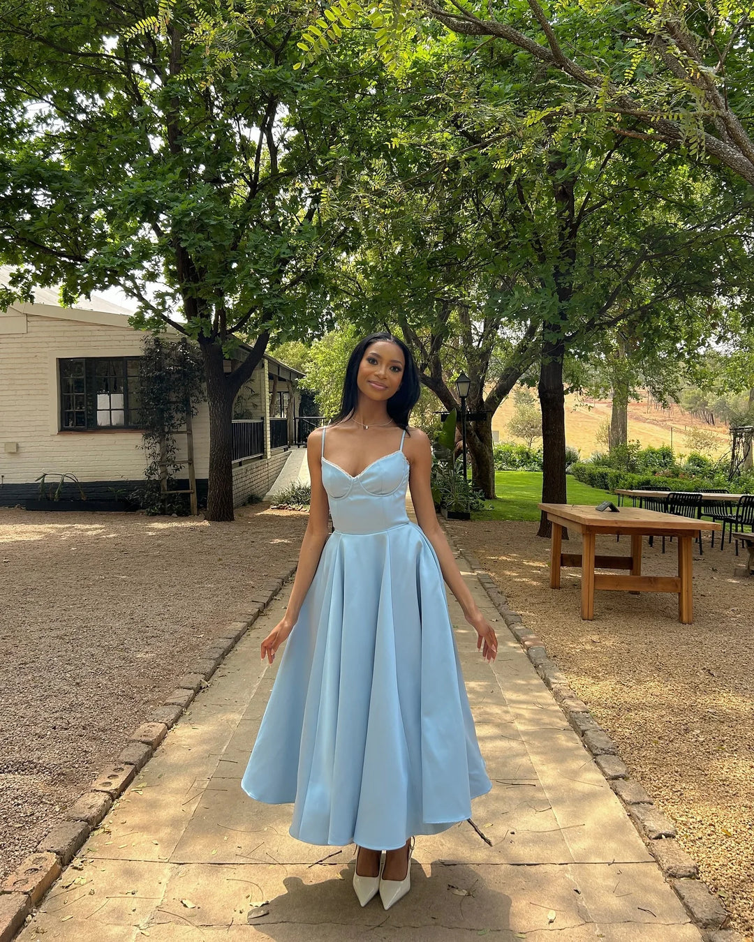 Fiammetta satin corset midi dress with full skirt in light blue