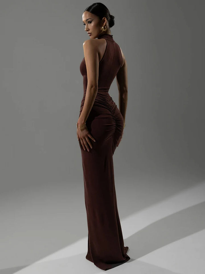 Graziella halter neck ruched maxi dress