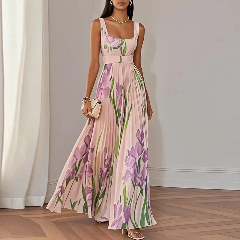 Serilda | Women's Floral Maxi Dress, Round Neck, Short Sleeves