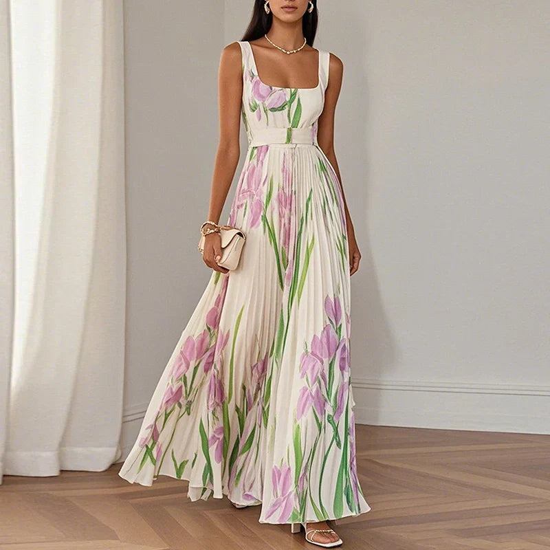 Serilda | Women's Floral Maxi Dress, Round Neck, Short Sleeves