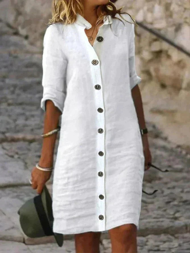 Merewen | Women's Shirt Midi Dress, Collared, Short Sleeves