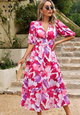 Women's floral V-neck midi dress with short puff sleeves and elastic waist