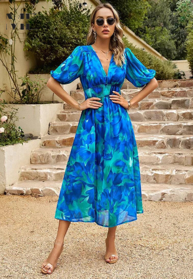 Women's floral V-neck midi dress with short puff sleeves and elastic waist