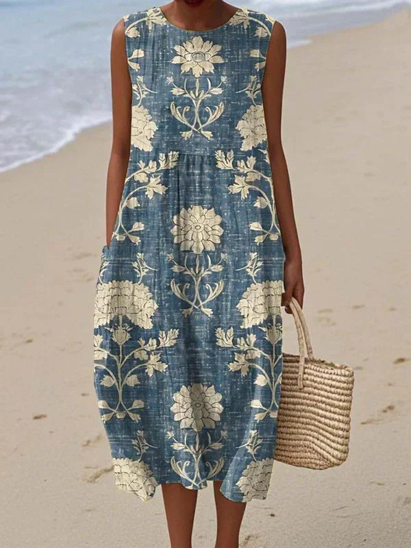 Women's patchwork floral sleeveless midi dress with round neckline