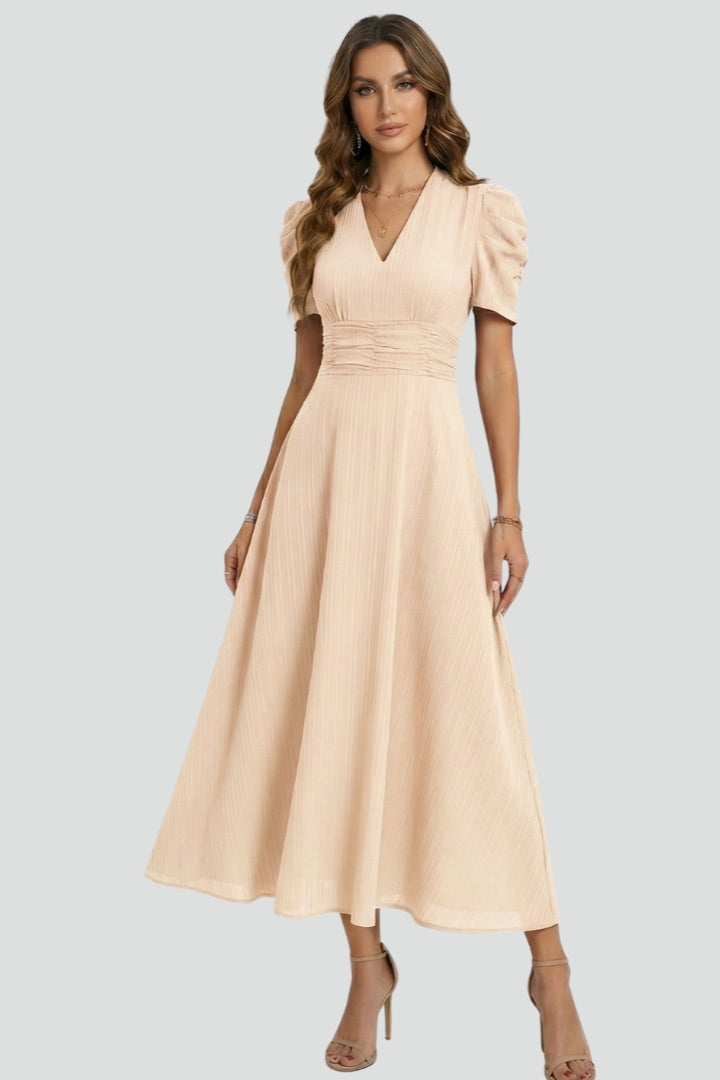 Women's pleated V-neck midi dress with short puff sleeves and gathered waist