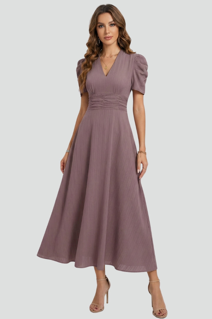 Women's pleated V-neck midi dress with short puff sleeves and gathered waist