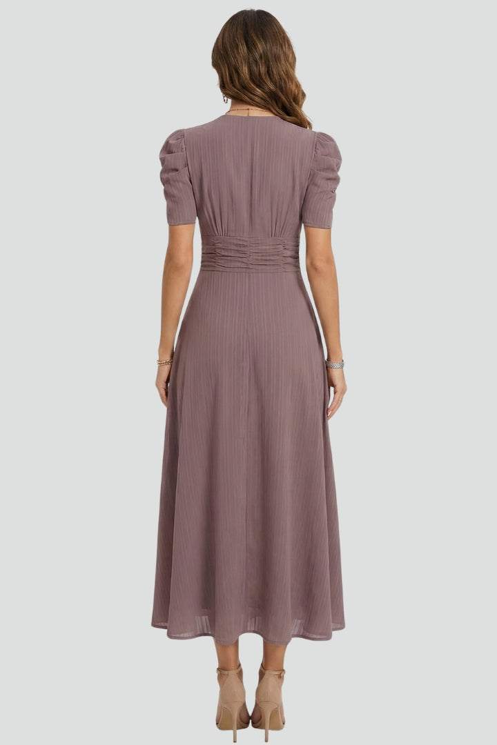 Women's pleated V-neck midi dress with short puff sleeves and gathered waist