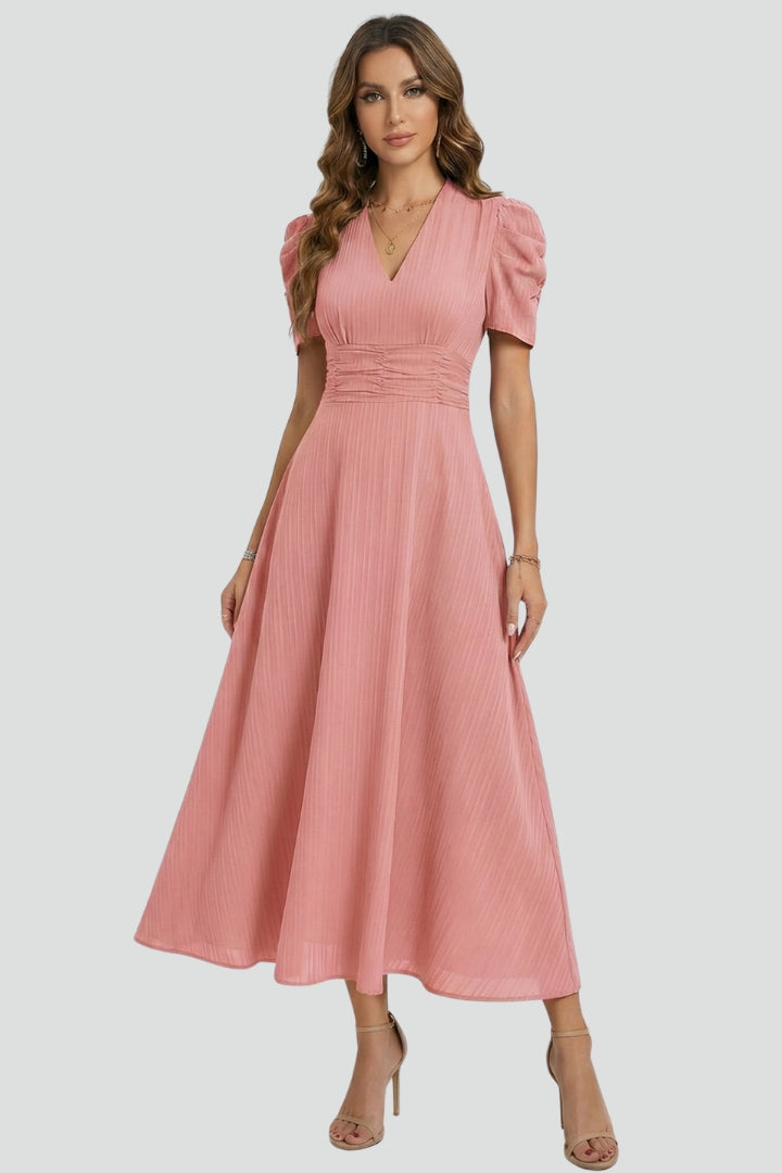 Women's pleated V-neck midi dress with short puff sleeves and gathered waist