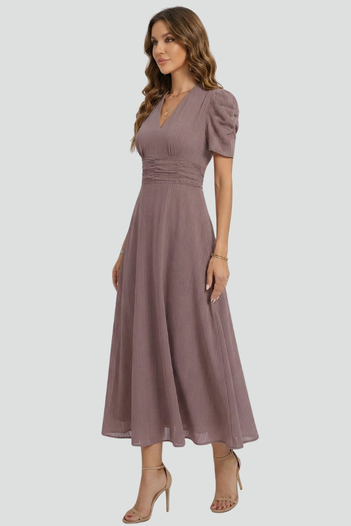 Women's pleated V-neck midi dress with short puff sleeves and gathered waist