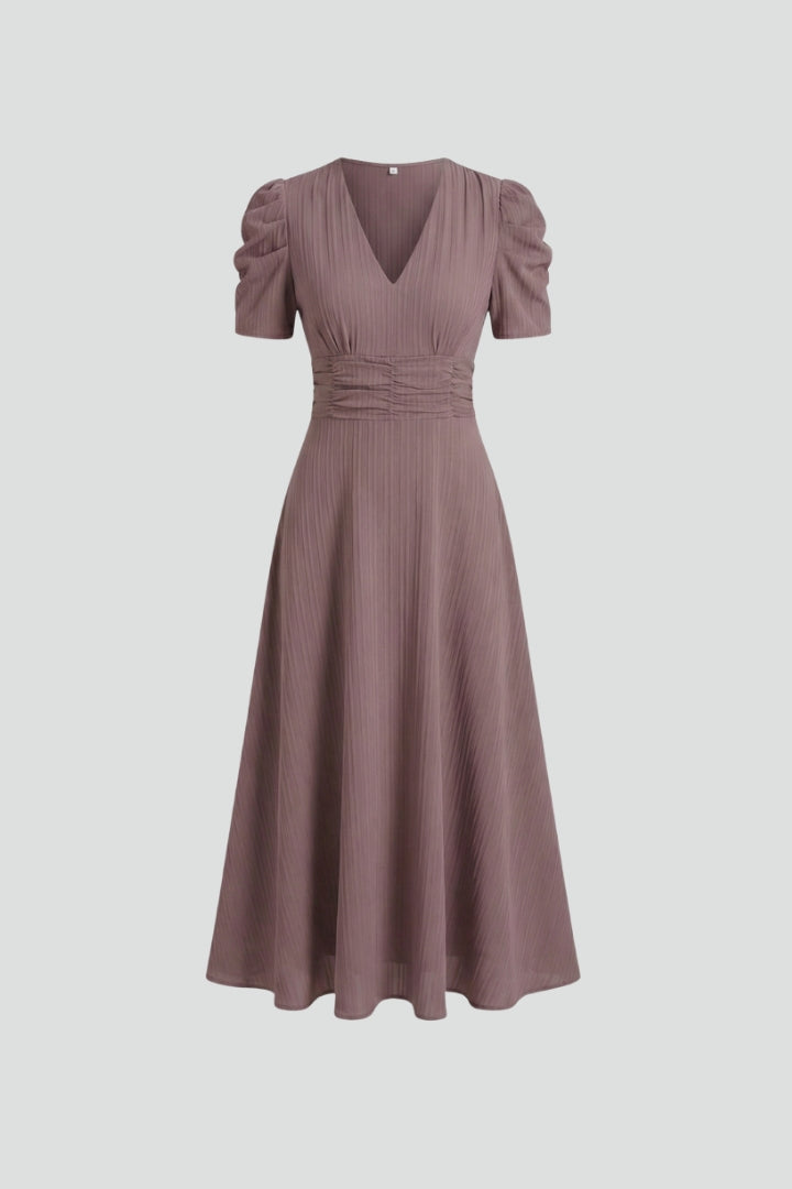 Women's pleated V-neck midi dress with short puff sleeves and gathered waist