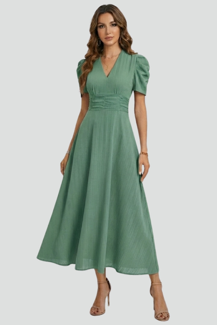 Women's pleated V-neck midi dress with short puff sleeves and gathered waist